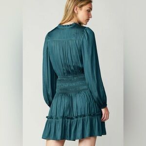 Anthropologie Current Air Elastic Waist Ruffle Neck Dress Size Large Dark Green